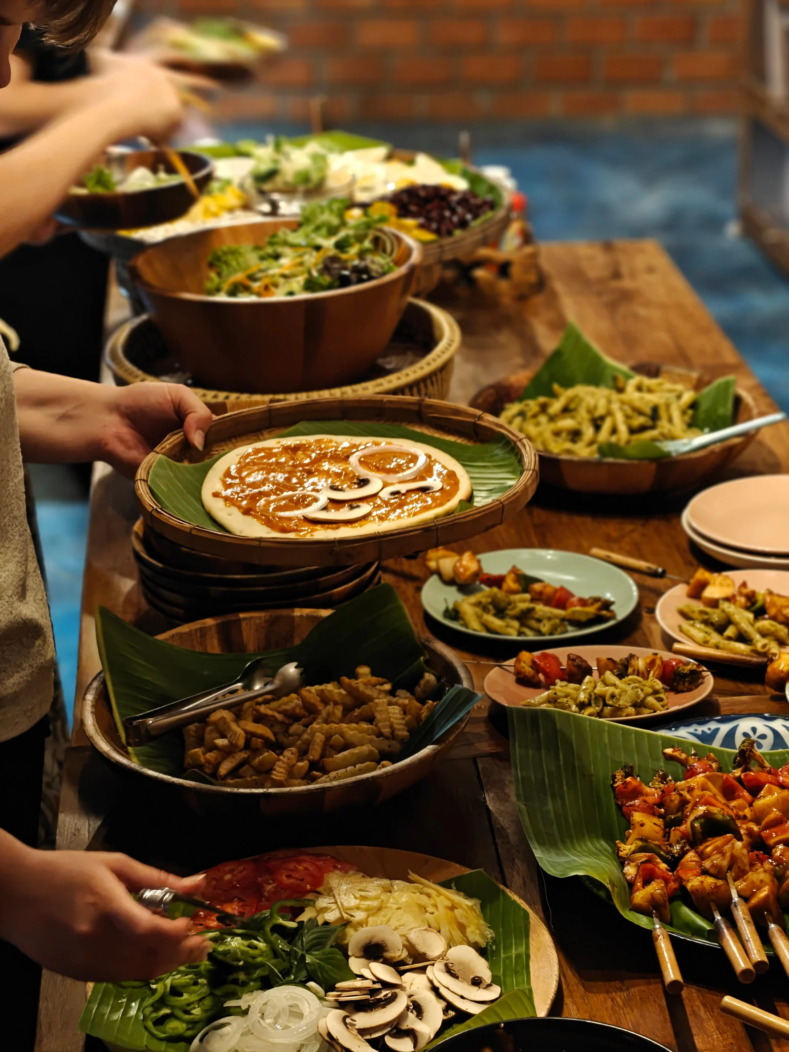 Colourful home-cooked vegetarian curries and vegetables ready to serve