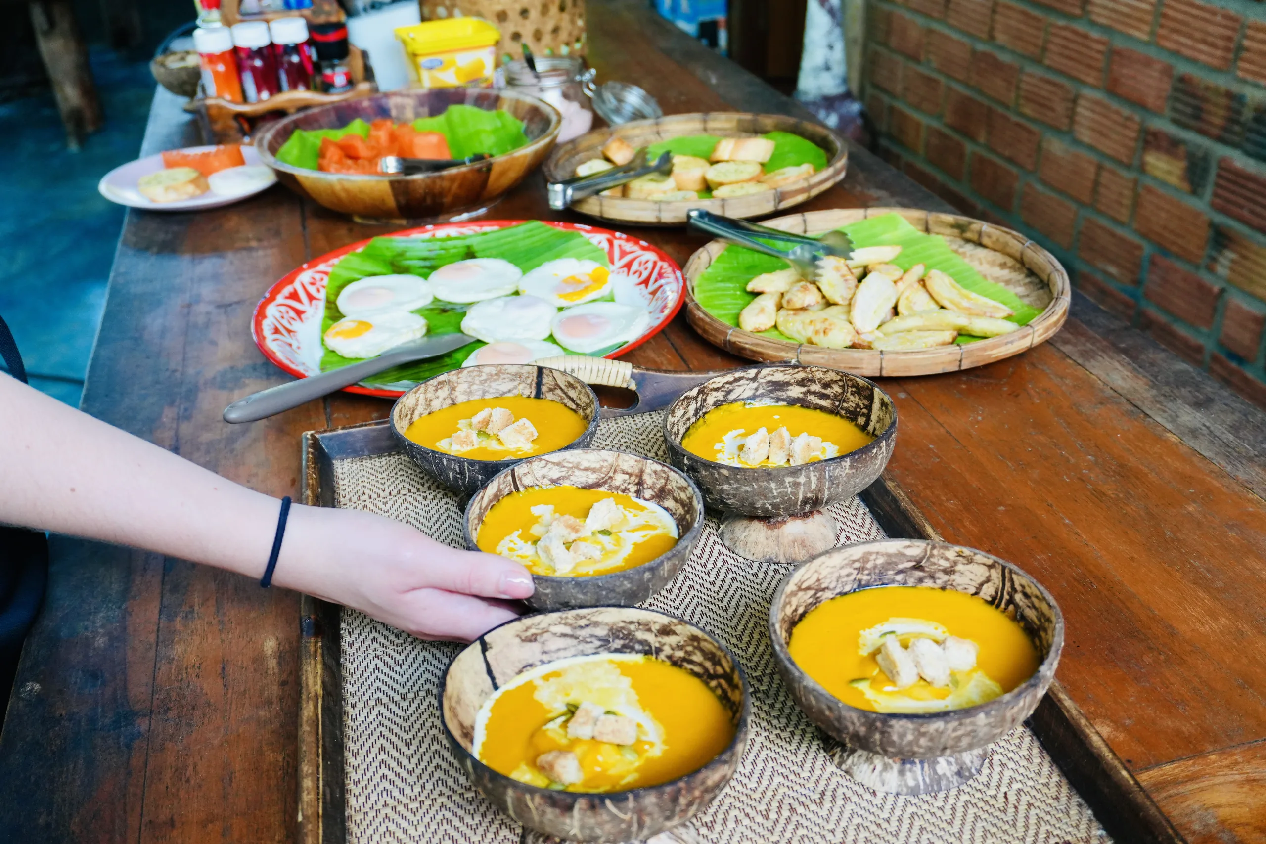 A colourful spread of home-cooked vegetarian food ready to share
