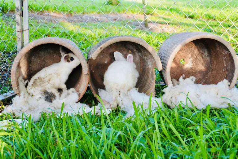 Rabbits resting in terracotta shelters in the True Nature garden