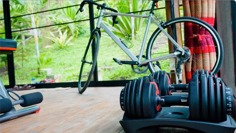 Adjustable dumbbells and a bicycle in the airy gym, surrounded by banana plants