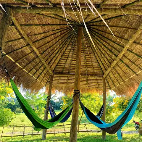 Hammocks under the thatched sala