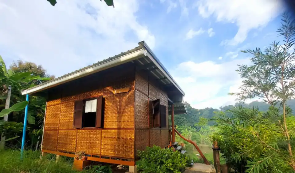 The Bamboo House, a woven bamboo house on stilts