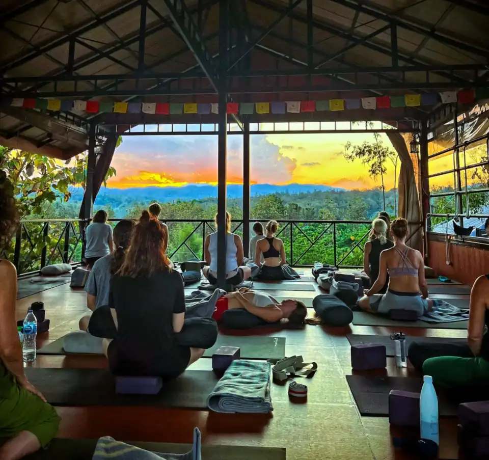 Yoga at sunset in the shala