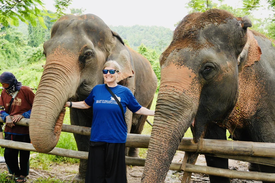 A smiling guest standing beside two elephants during a True Nature outing