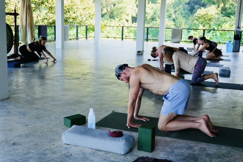 Guests practising on hands and knees in the airy True Nature shala