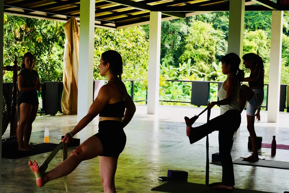 A quiet standing balance practice with garden views