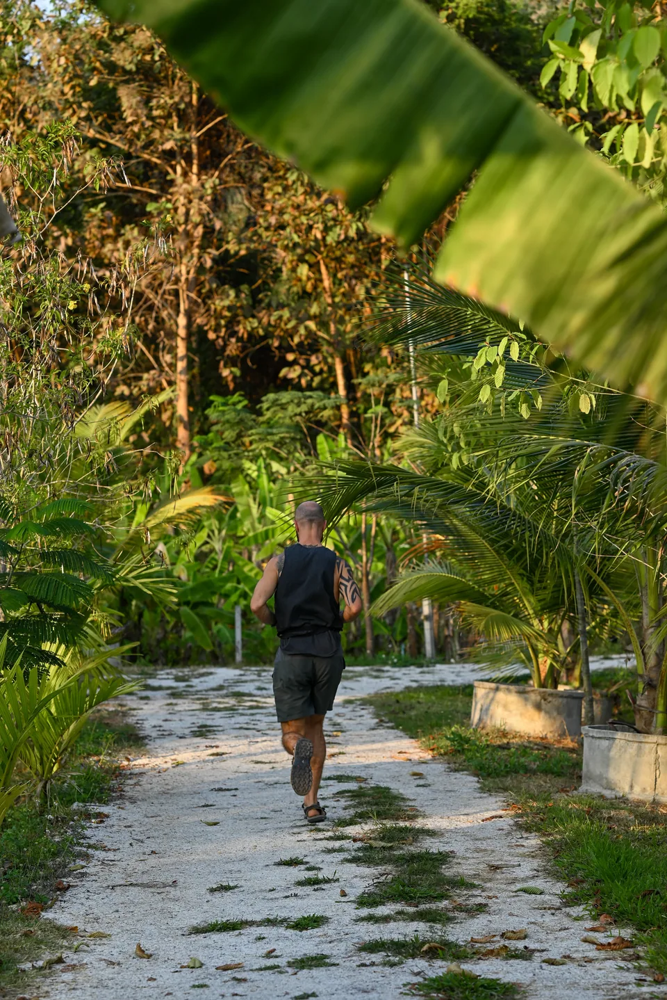 A guest walking along a leafy garden path at True Nature